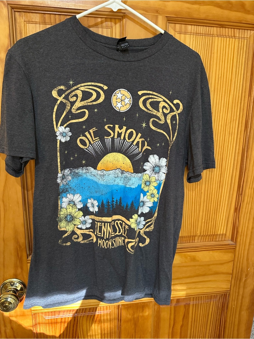 Ol' Smoky Tennessee Moonshine Graphic Tee - Charcoal with Blue & Yellow Art